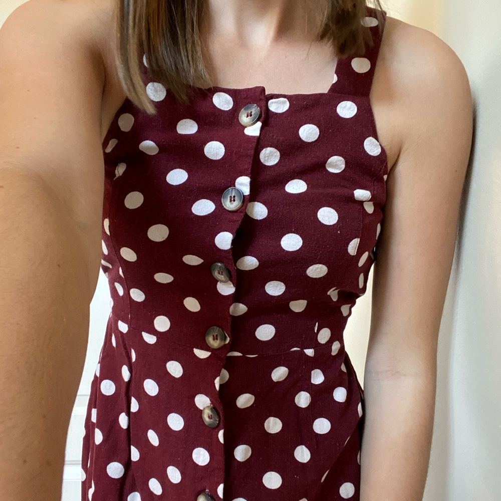 Red & White Polka Dot Dress with Slit & buttons - Picture 3 of 8